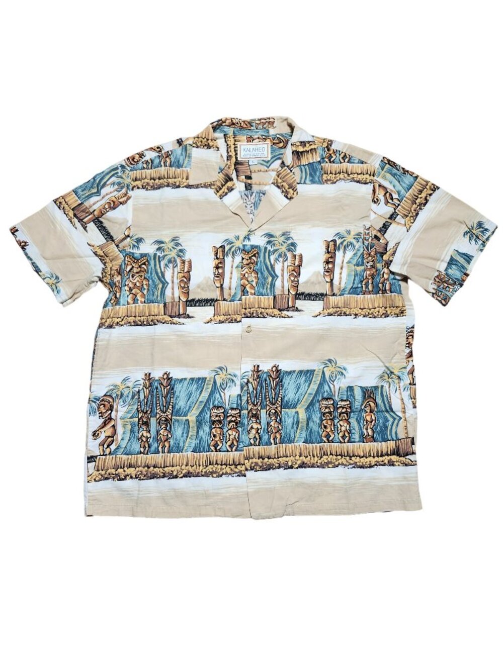Kalaheo RJC Hawaiian Aloha Shirt Tiki Gods Button Up Large Tan Beige